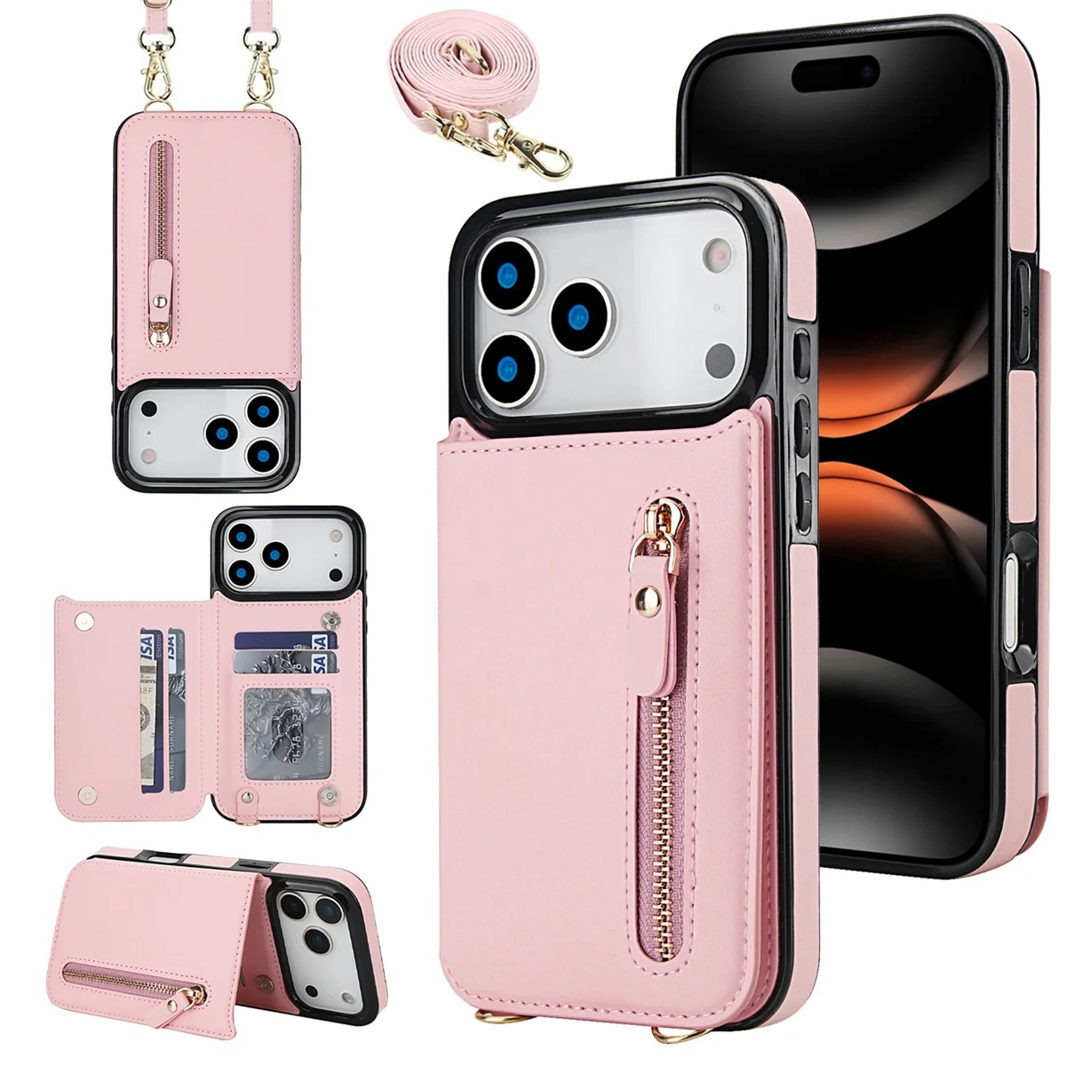 Luxury iPhone Case — Lanyard Strap and Shockproof, Crossbody Leather RFID Wallet Cover with Zipper Card Slot, Lanyard Strap and Shockproof Anti-Fingerprint Protection